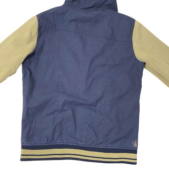 Volcom Jacket Men XL Blue Tan Bomber Varsity Letterman Snap Hoodie Skate Cotton - Picture 2 of 8
